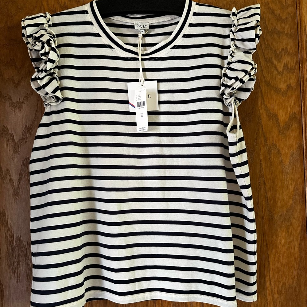 KULE Black and White Striped Ruffle Sleeve Tank